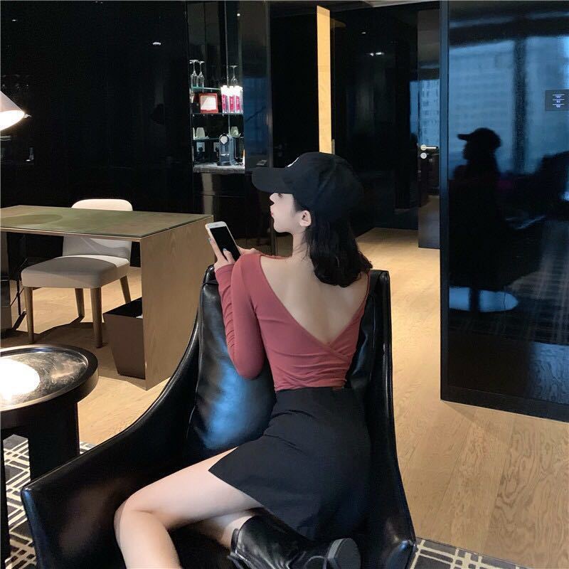 Áo Thun Tay Dài Cổ Thấp Hở Lưng Màu Trơn Thời Trang Cho Nữ | BigBuy360 - bigbuy360.vn