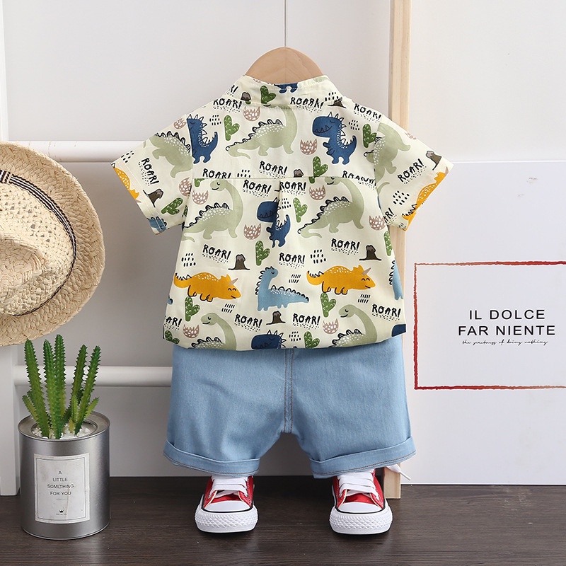 Bộ đồ áo sơ mi quần jean họa tiết KHỦNG LONG phong cách Hàn Quốc cho bé trai QATE32