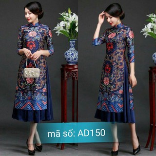 Có size lớn 4XL Set Áo Dài Cách Tân CỔ TRỤ HỌA TIẾT THỔ CẨM nền xanh đen kèm váy