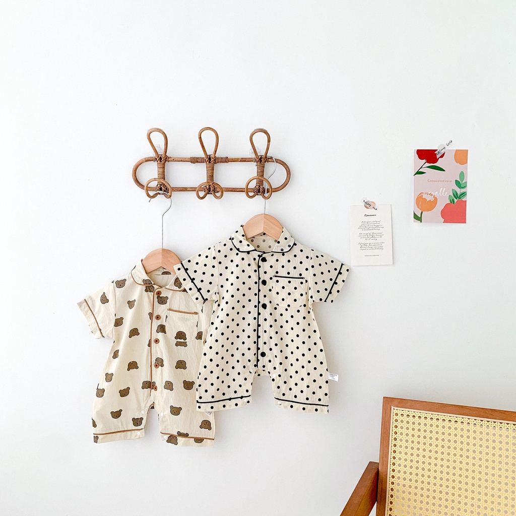 Set đồ ngủ ngắn tay họa tiết chấm bi/ gấu dễ thương cho bé sơ sinh 0-24 tháng tuổi