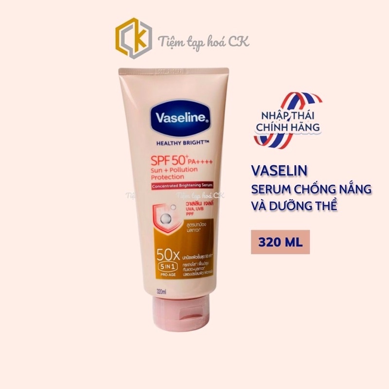 Kem chống nắng, sữa dưỡng thể trắng da Vaseline 50X Healthy Bright SPF50+ 320ml Thái Lan