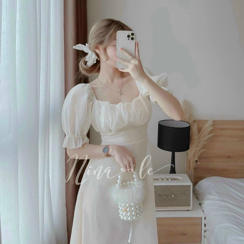 Đầm thời trang nữ mặc đi chơi chất voan chingfon tay phồng ngắn xếp ly ngực có mút dễ thương