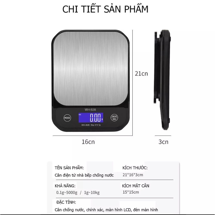 Cân bếp điện tử chống nước 5kg/0.1g - 10kg/1g WH-B28  sạc USB