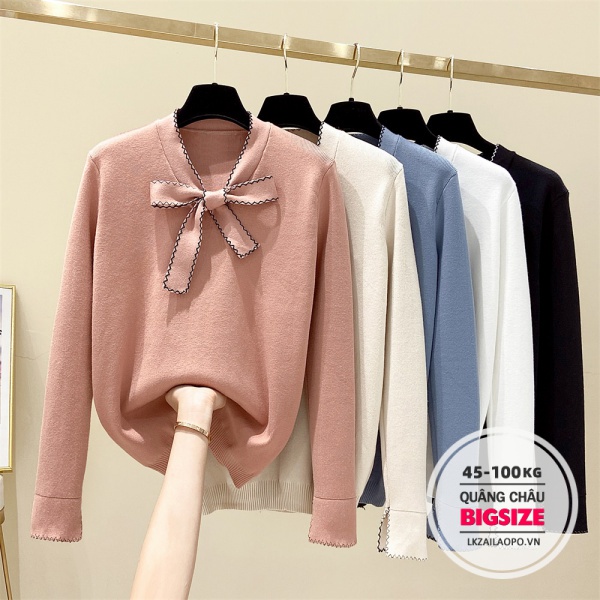 BIGSIZE Nữ (45-100kg) Áo sweater dệt kim dáng rộng phối nơ xinh xắn
