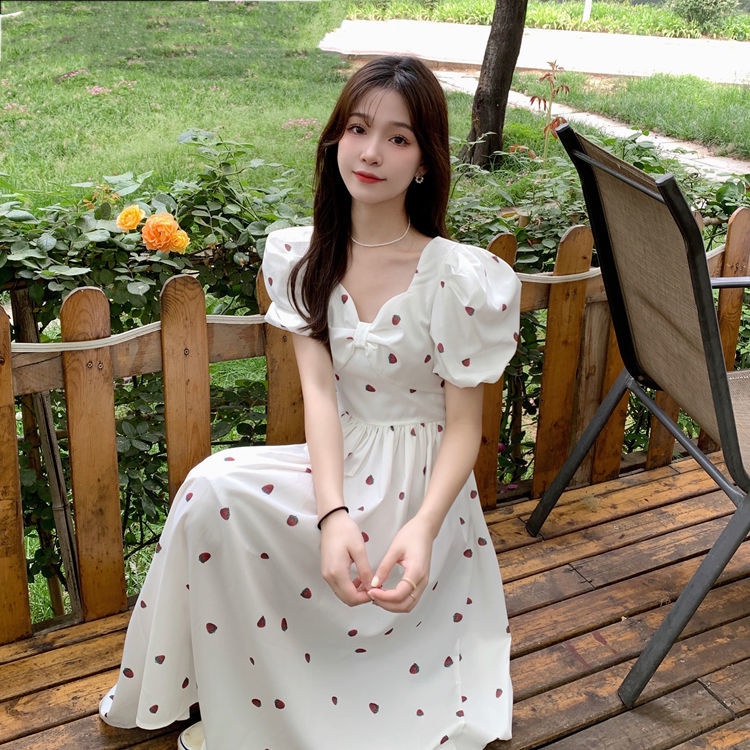 Đầm Chữ A Tay Ngắn Phồng Cổ Chữ V Ngọt Ngào Phong Cách Nhật Bản Thời Trang Mùa Hè Mới