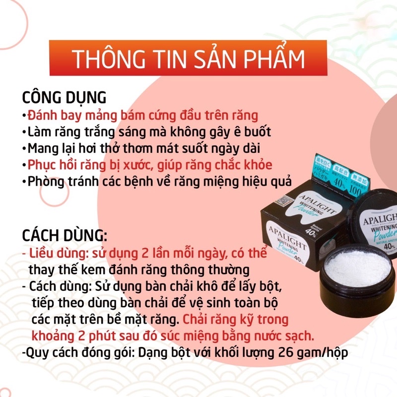 Bột làm trắng răng Apalight nội địa Nhật Bản phục hồi men răng, sạch mảng bám, giảm ố vàng, giảm hôi miệng 26g