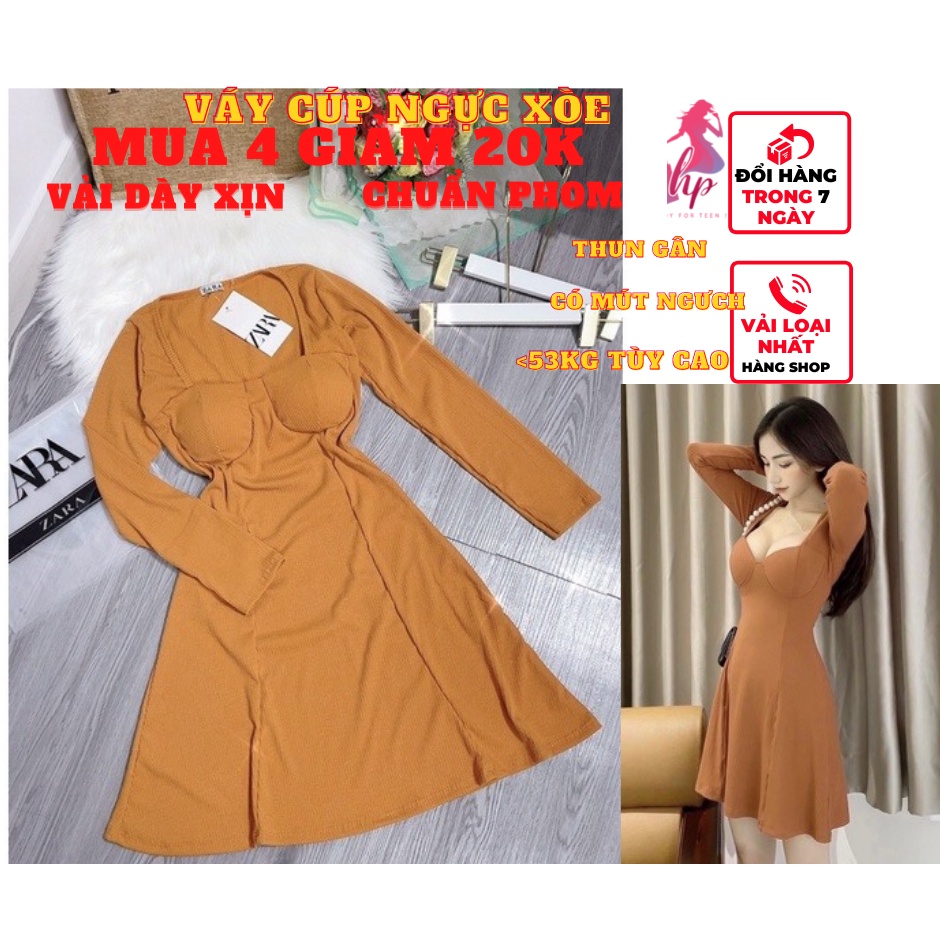 Váy đầm nữ cúp ngực có mút body dáng xòe tay dài màu đen thun gân sexy phong cách sang chảnh hàn VD142