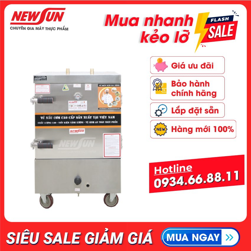 Tủ nấu cơm 30 kg gạo/mẻ bằng gas 6 khay NEWSUN - Bảo hành 12 tháng