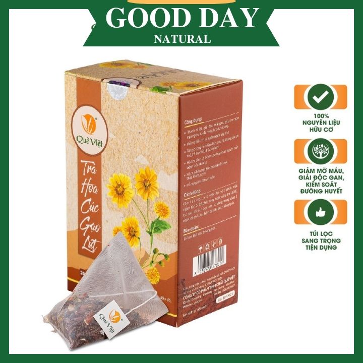 Trà hoa CÚC gạo lứt Quê Việt  thanh nhiệt , 1 hộp 600 gram gồm 20 túi lọc , mỗi túi 30gram