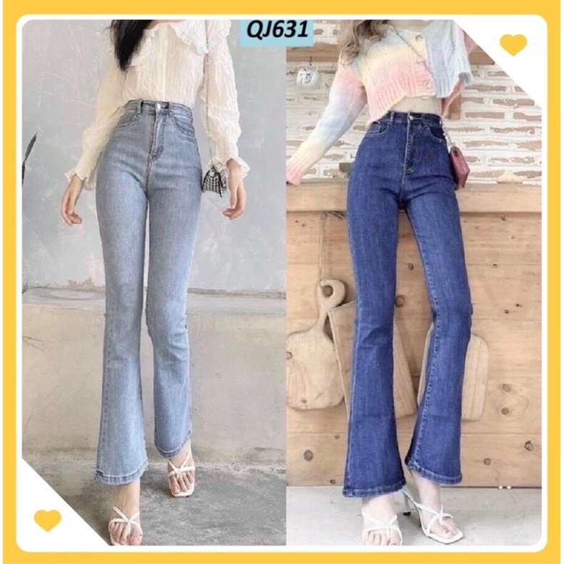 Quần bò Ống Loe Lưng Cao Co Giãn màu xanh Hàng Cao Cấp [ẢNH THẬT]