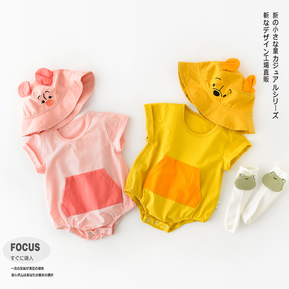 Bộ Áo Liền Quần Vải Cotton Tay Ngắn Phối Mũ Dễ Thương Cho Bé