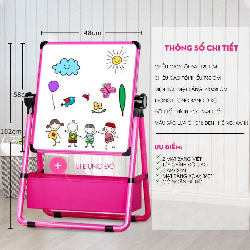 Bảng vẽ trẻ em hai mặt gấp gọn, mặt xanh vẽ bằng phấn, mặt trắng vẽ bằng bút dạ thông minh tiện ích