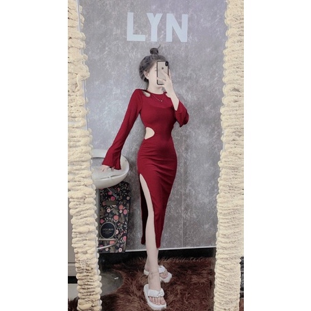 Đầm Maxxi Body Khoét Eo 2 Bên Xẻ Tà Hở Vai Tay Dài