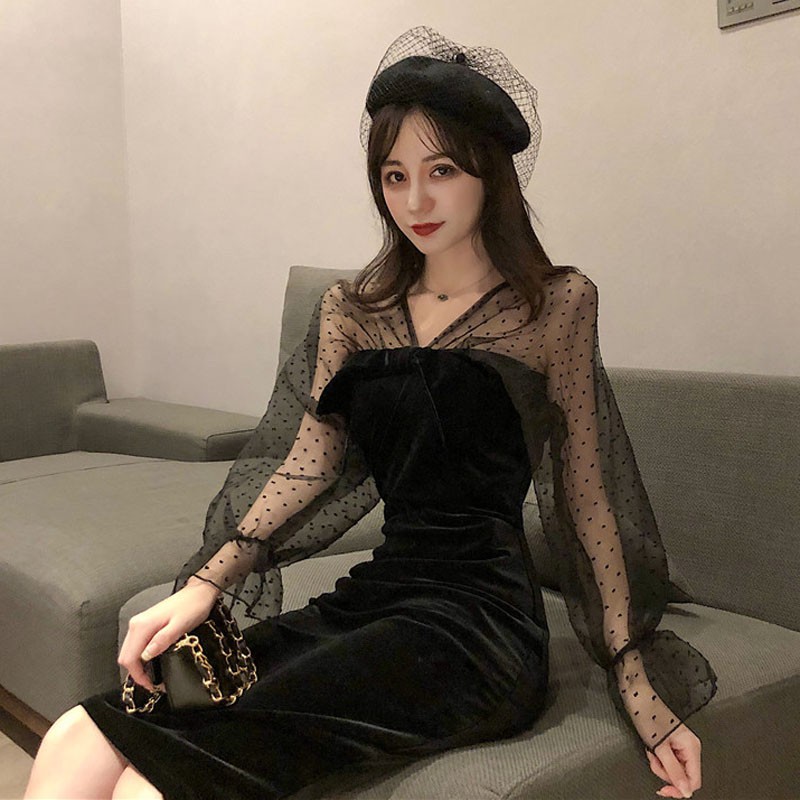 [Hàng order] Váy nhung body tay phối ren - T1161 | BigBuy360 - bigbuy360.vn