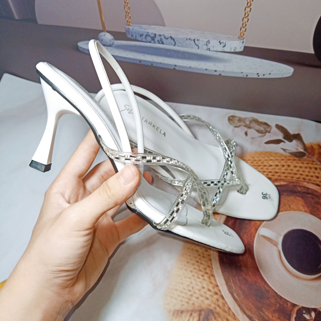 Dép  cao gót đính đá dây mảnh cao 5p màu trăng  Mys Rosa Factory cg-0543