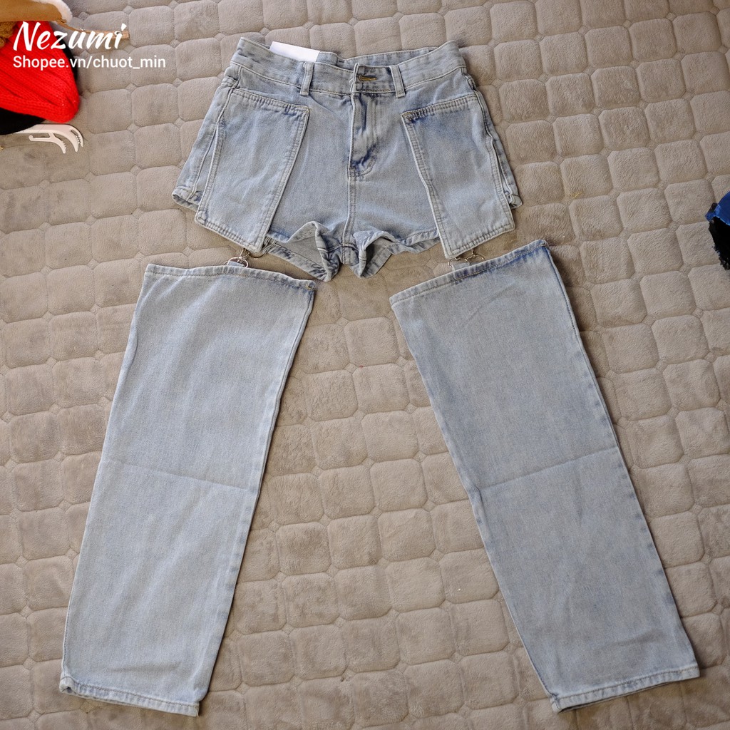 Quần jeans suông hở đùi dây nối sexy có thể tháo rời - Quần bò nhảy hiphop phong cách Châu Âu