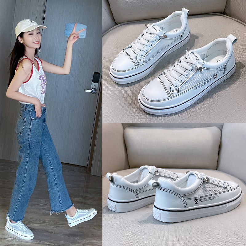 Giày thể thao nữ da mềm phối lưới thoáng khí phong cách Hàn Quốc, đế dẻo đi êm chân