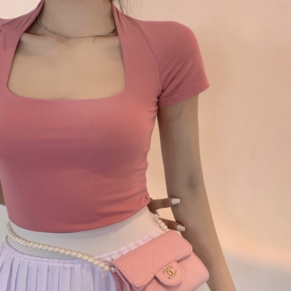 Áo co dãn croptop cổ u rộng tay bó ngắn màu trơn ôm body UVTN BS32