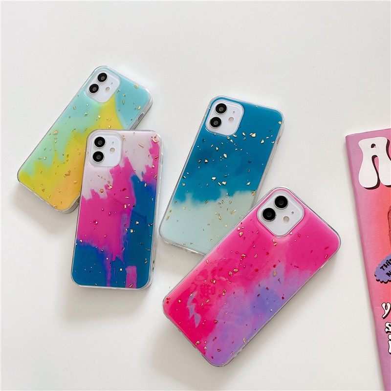 Ốp điện thoại silicon in hình thỏ/trái đào/dâu tây/chữ cho Retro watercolor abstract art gold leaf japanese Phone Case For iPhone 12 11 Pro Max Xr Xs Max x 7 8 Plus 7Plus case Cute cover