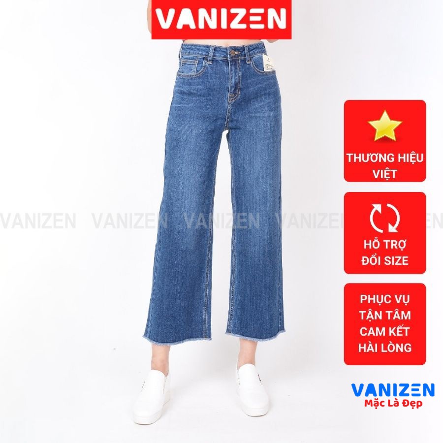 Quần jean nữ ống suông rộng đẹp lưng cao cạp cao trơn hàng hiệu cao cấp mã 423 VANIZEN