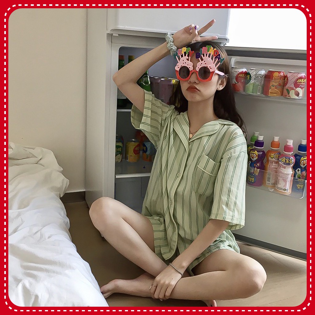 Đồ Ngủ Pijama Ngắn Tay, Bộ Ngủ Họa Tiết Kẻ Sọc Ulzzang Hot Trend