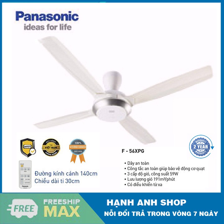 [ Hàng Chính Hãng ] Quạt trần Panasonic 4 cánh F-56XPG  -Điều khiển từ xa - Bảo hành 2 năm toàn quốc