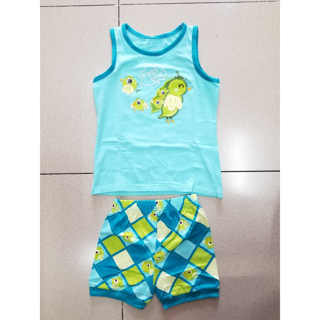 Bộ thun mùa hè thêu Chim sâu cho bé trai và gái