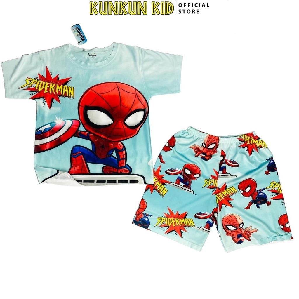 Quần áo trẻ em in hình người nhện spiderman size đại 10-40kg KunKun TP112 - Bộ cộc tay bé trai 3-12 tuổi chất thun lạnh