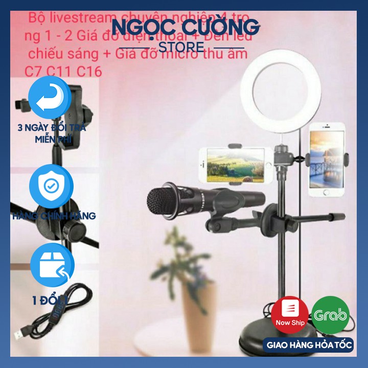 Đèn Live Stream 4in1 Để Bàn Có Chân Đỡ Micro LivesTream Hai Điện Thoại - Bộ Giá Đỡ Điện Thoại Livestream