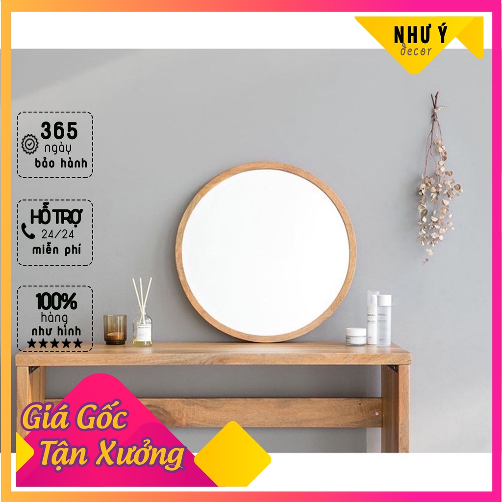 Gương tròn treo tường gỗ thông ⭐RẼ NHẤT SHOPEE⭐ cao cấp D50 cho nhà tắm trang điểm phòng ngủ [Tặng Kèm Dây Và Núm Gỗ]