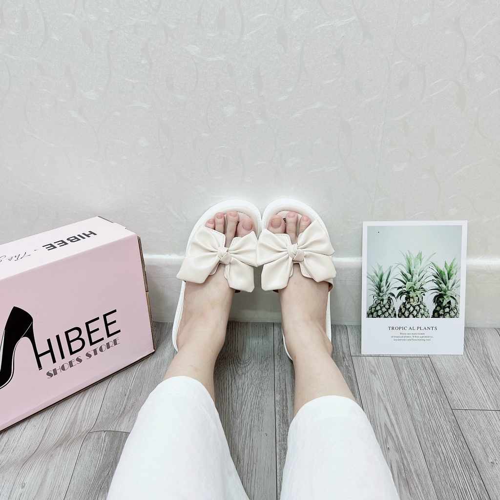 Dép nữ đế bánh mì thắt nơ quai ngang cao 3 phân da mềm siêu nhẹ hot trend HIBEE