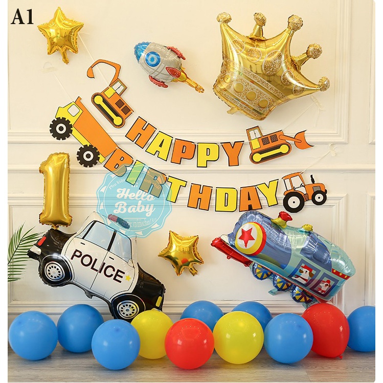 Set bóng trang trí sinh nhật chủ đề các loại xe (Kèm Bơm + Băng Keo) - Hello Baby