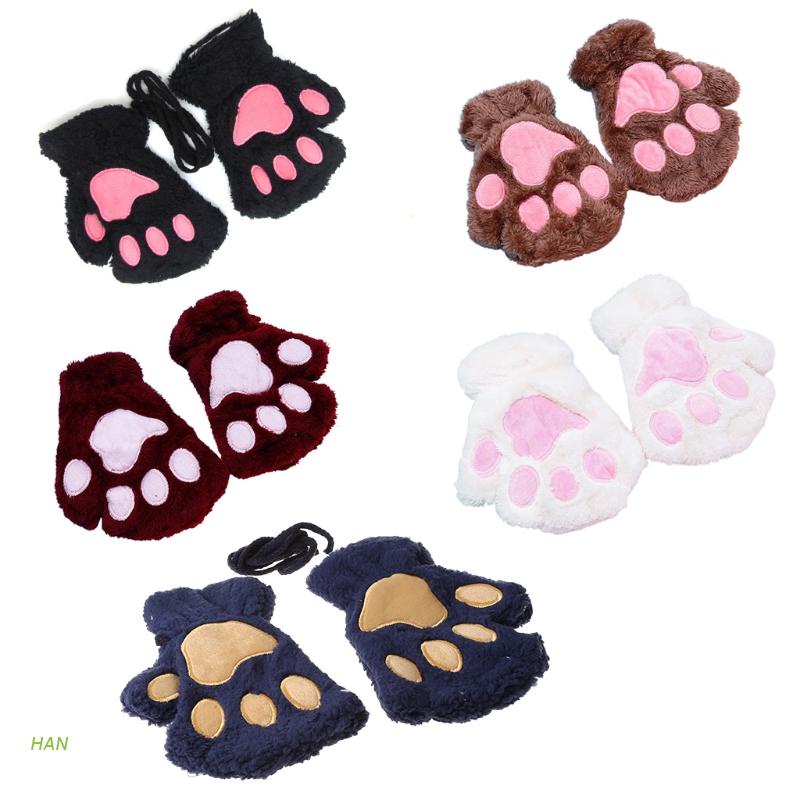 Găng tay hở ngón họa tiết bàn chân mèo ấm áp trong mùa đông đáng yêu cho nữ