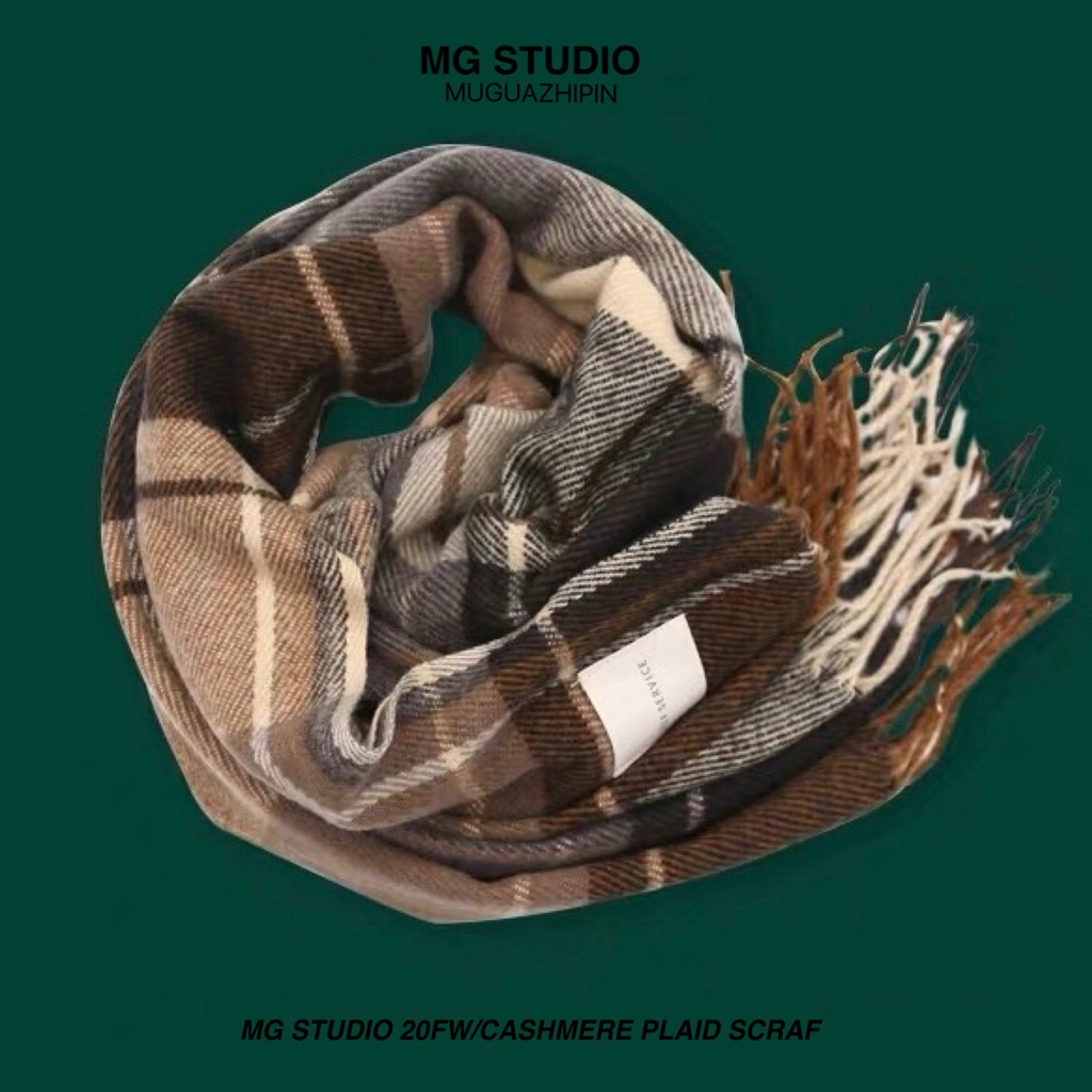 Khăn Choàng MG STUDIO Vải Cashmere Phối Tua Rua Họa Tiết Sọc Caro