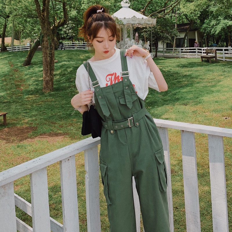 Áo Thun Ngắn Tay Kèm Quần Yếm Lưng Cao Thời Trang Hàn Quốc Cho Nữ