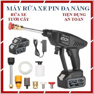 Máy rửa xe dùng pin mini hitachi 199v áp lực cao 1400w loại xịn –pin sạc cực mạnh loại 2 pin