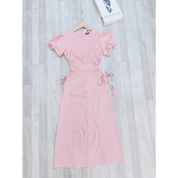 ☘️VÁY HỒNG DÚT EO TAY BỒNG cổ tròn dáng ôm eo chữ A dài maxi hở eo sang chảnh tiểu thư sexy