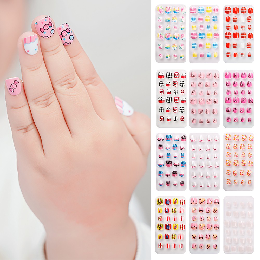 Bộ 24 Móng Tay Giả Ngắn Bằng Acrylic Chống Nước In Họa Tiết Hoạt Hình Dễ Thương Kèm Keo Dán Cho Bé Gái