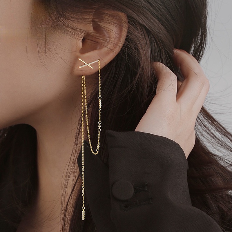 Bông tai mạ bạc 925 dạng dây tua dài đính đá zircon thời trang cho nữ