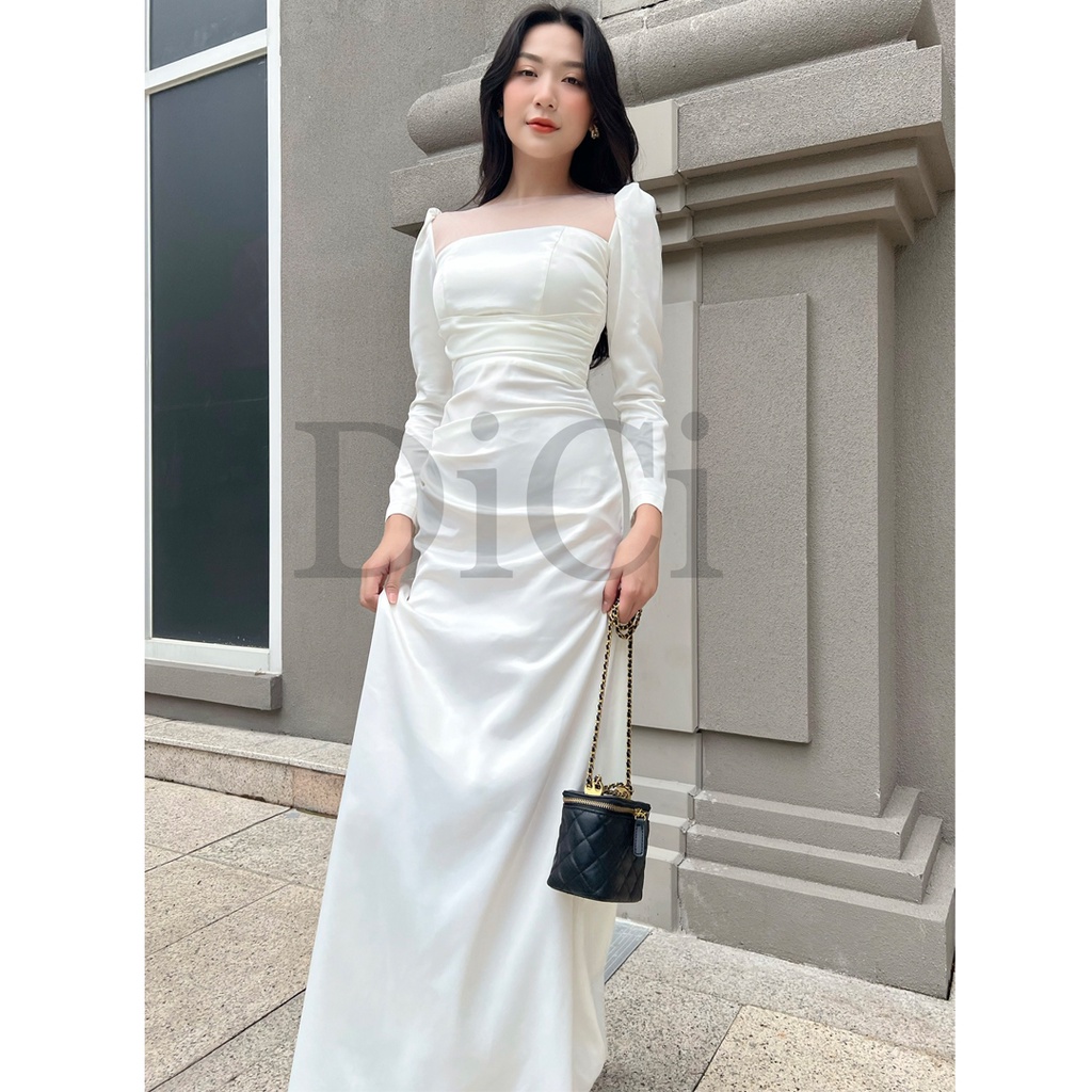 Đầm cổ vuông dài tay chất mango phối lưới đuôi cá, Đầm thiết kế cao cấp - DiciStyle