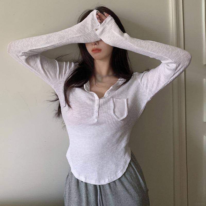 Áo Thun Tay Dài Cổ Chữ V Phong Cách Hàn Quốc Đơn Giản Cho Nữ