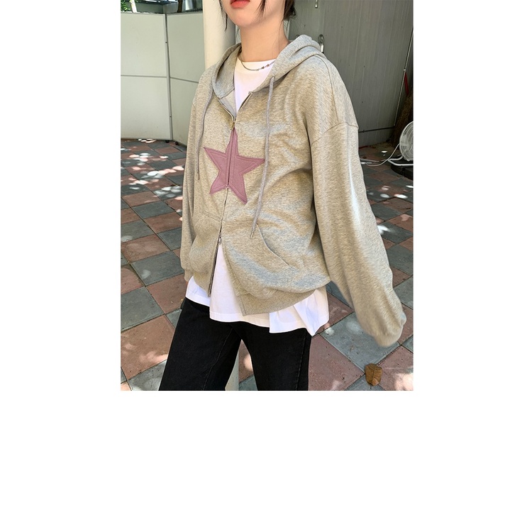 ZHELIHANGFEI Áo Hoodie Tay Dài Họa Tiết Ngôi Sao Theo Phong Cách Preppy Theo Phong Cách Mỹ Dễ Phối Đồ