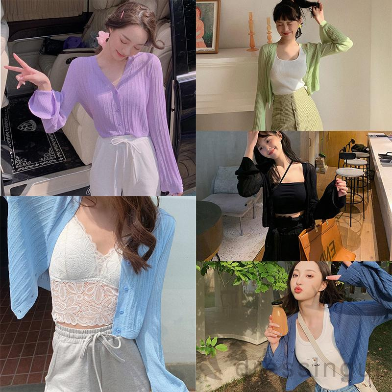 Áo Dệt Kim Tay Dài Cổ Chữ V Màu Sắc Đơn Giản Cho Nữ