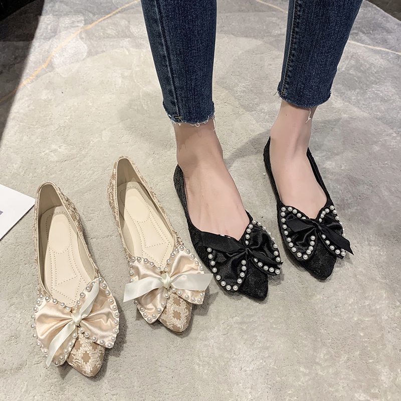 Giày Búp Bê Mũi Nhọn Đế Bằng Đính Nơ Thời Trang Xuân Hè Mới Cho Nữ