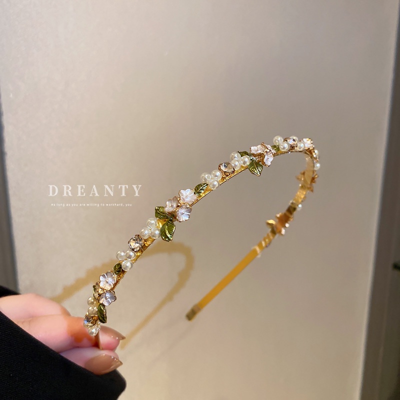 Băng Đô Cài Tóc Hình Hoa Lá Đính Ngọc Trai Phong Cách Mori Hàn Quốc Sang Trọng