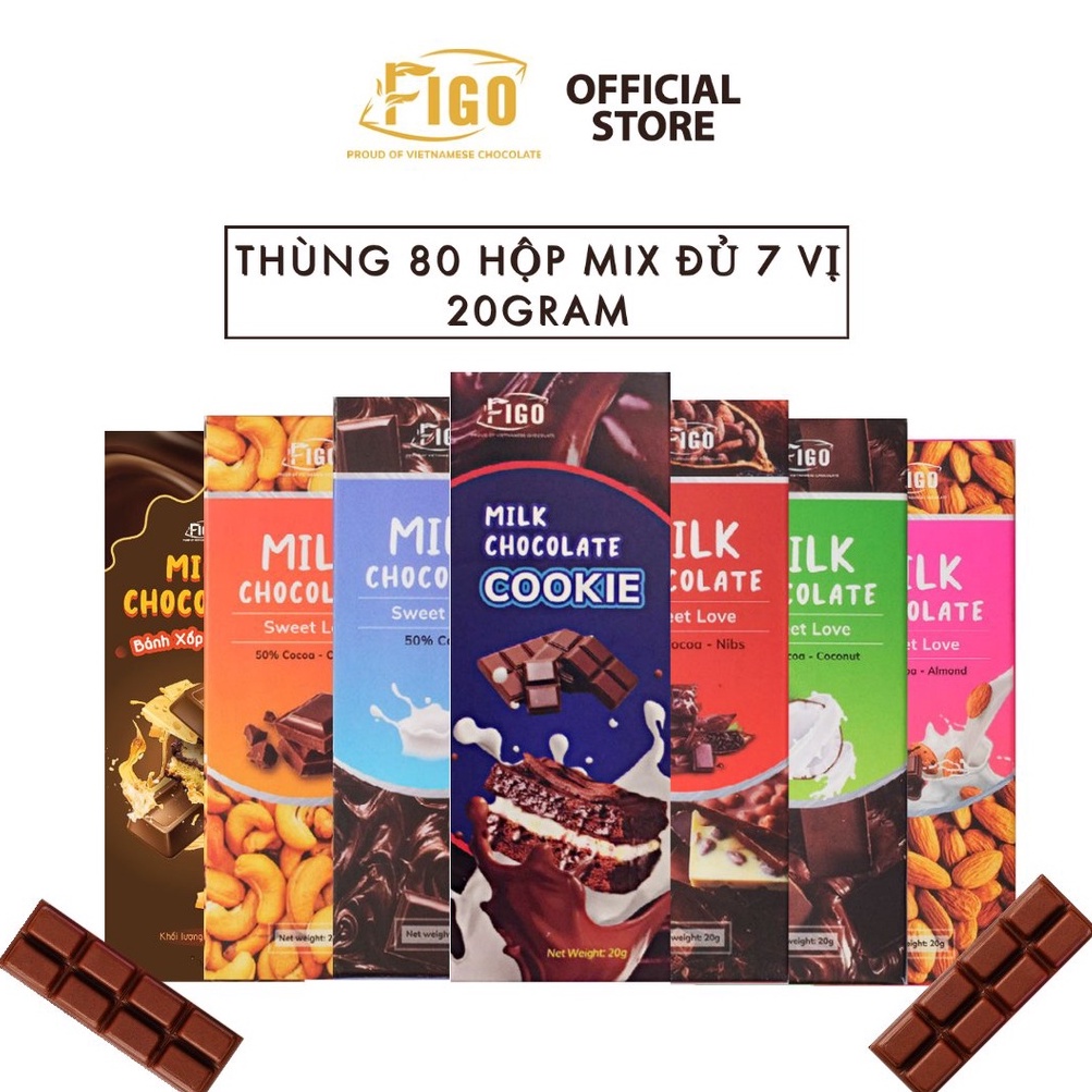 [GIÁ TỐT| 80 HỘP MIX ĐỦ 7 VỊ 20G] Chocolate 50% Cacao| Kẹo socola sữa đủ 7 vị Hạnh nhân Hạt điều Dừa Nho Phô mai FIGO