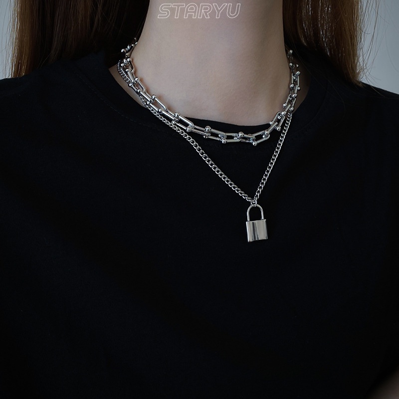 Staryu Set 2 Vòng cổ Hai Lớp Mặt Ổ Khóa Nhỏ Unisex