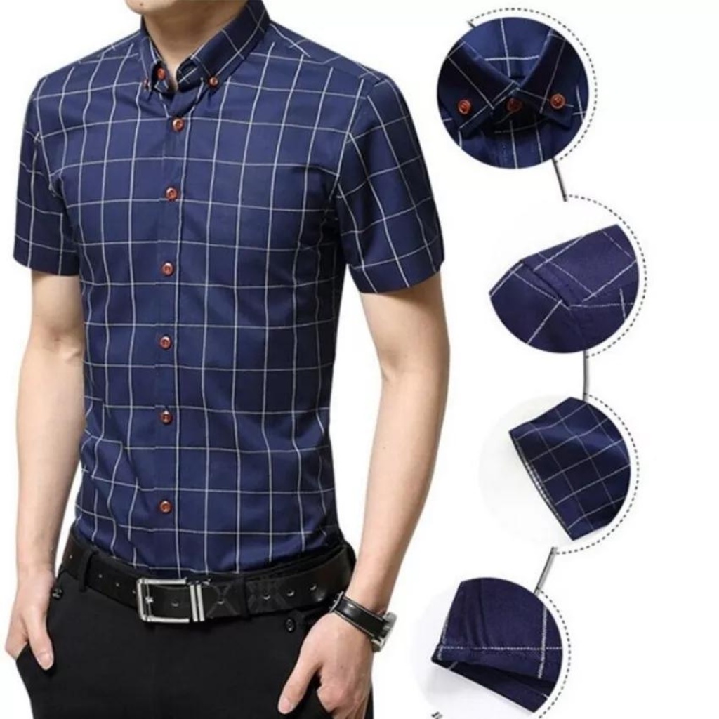 Áo sơ mi nam ngắn tay phối họa tiết caro H&H-SM5 chất vải mềm mịn thoáng mát