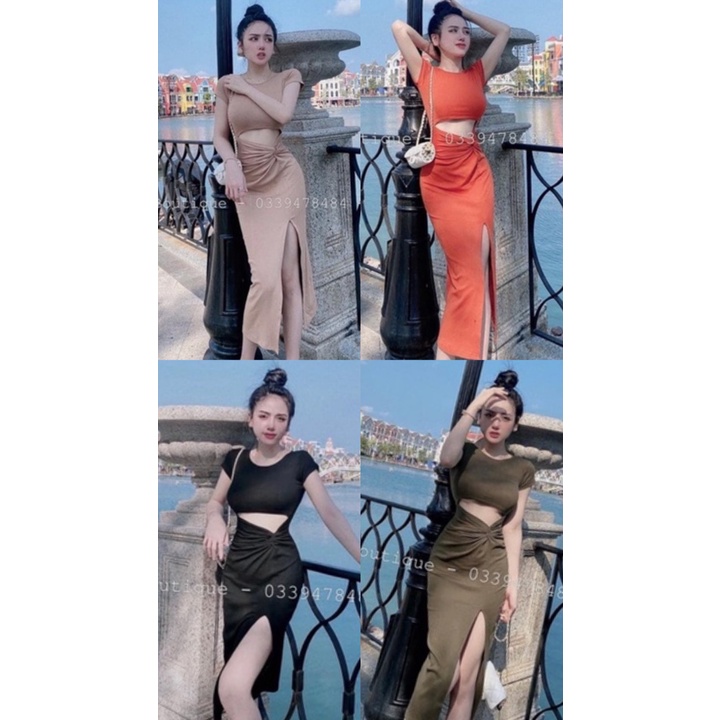 Đầm ôm body hở bụng, xoắn eo, xẻ tà, ngắn tay, dáng dài, siêu cute