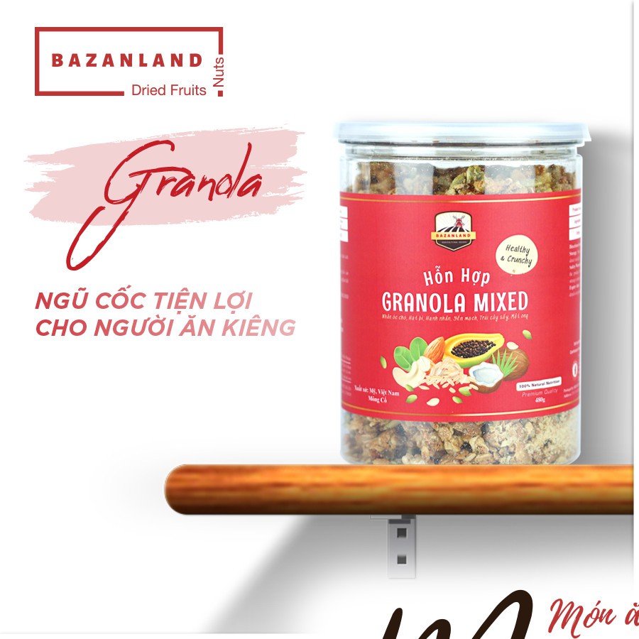 Hạt dinh dưỡng Bazanland GRANOLA – MIXEDNUTS 480gr - Ngũ cốc tiện lợi cho người ăn Kiêng (Đỏ) - Nhất Tín Food